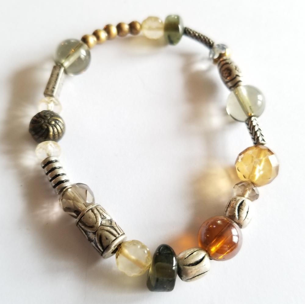 Beaded bracelet silver orange gold boho handmade stretch fall autumn